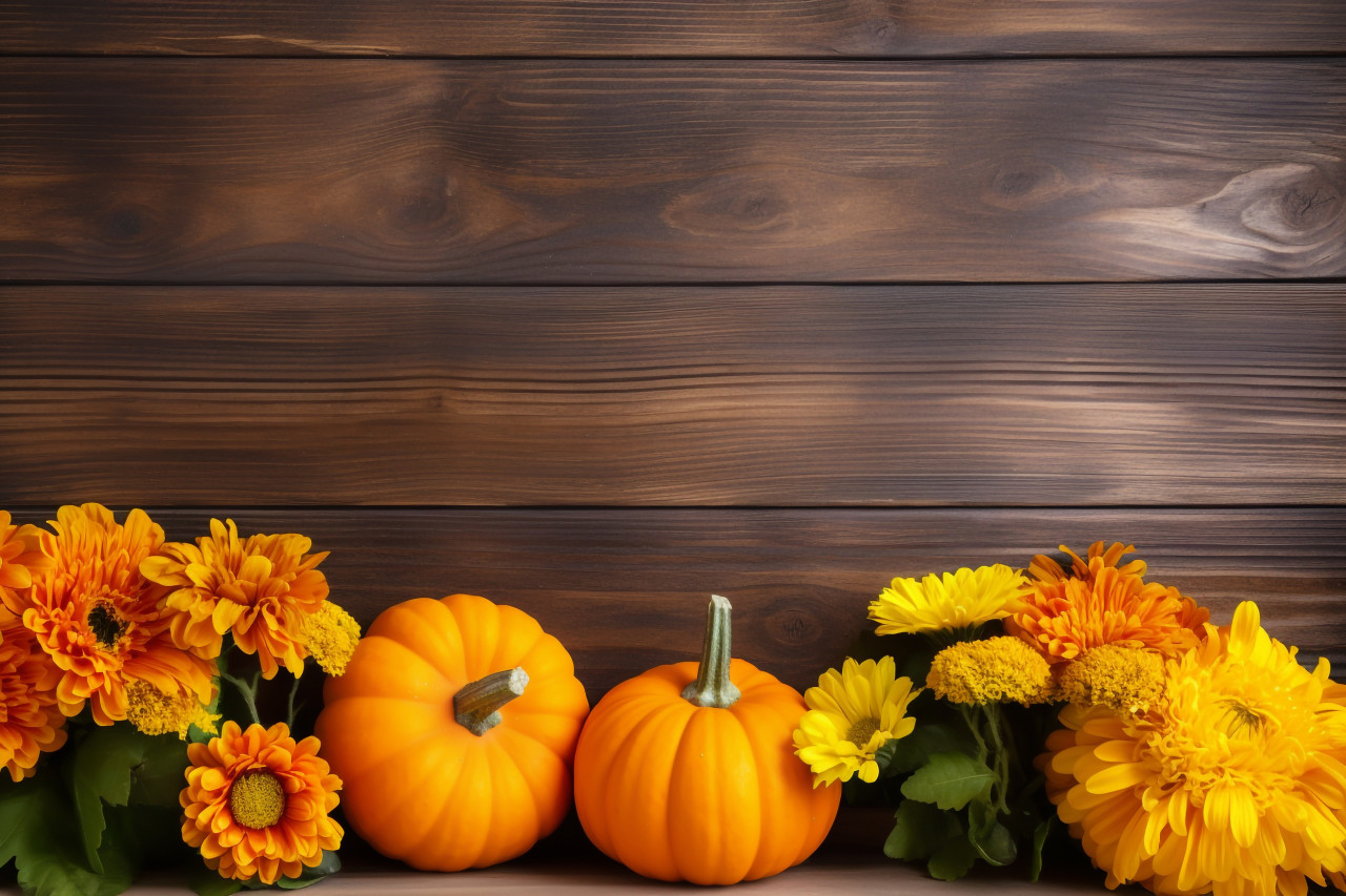 A picture of a wooden table with pumpkins flowers and other decorations