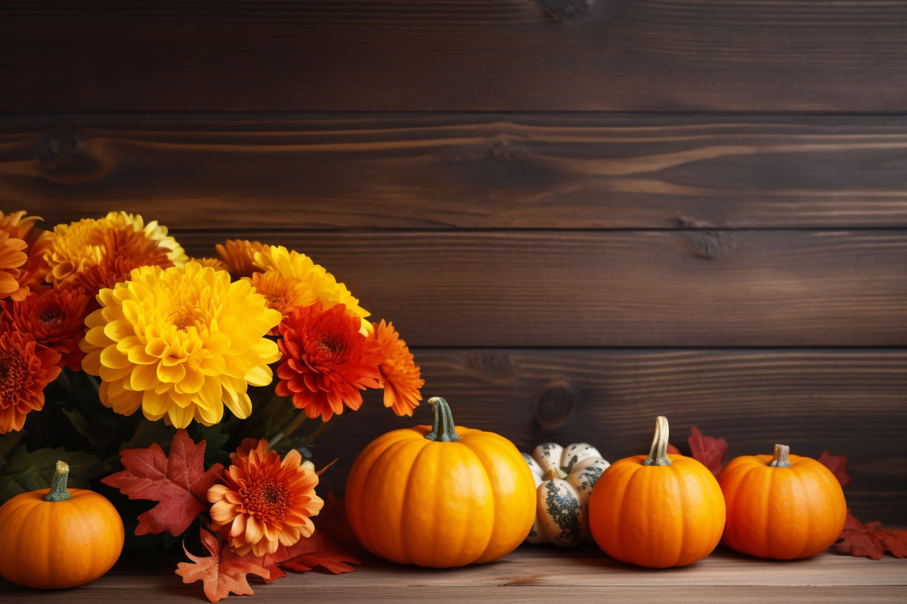 A picture of a wooden table with pumpkins flowers and other decorations