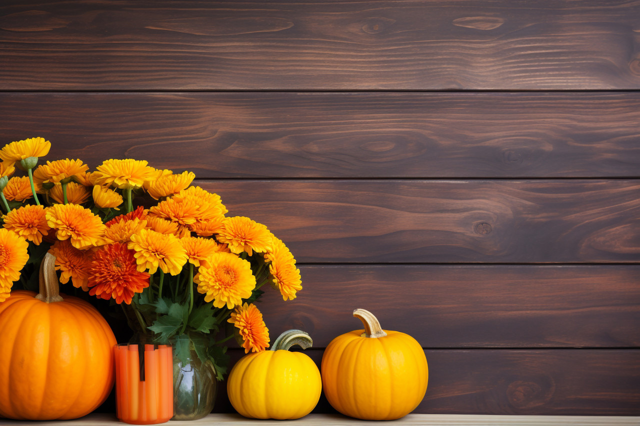A picture of a wooden table with pumpkins flowers and other decorations