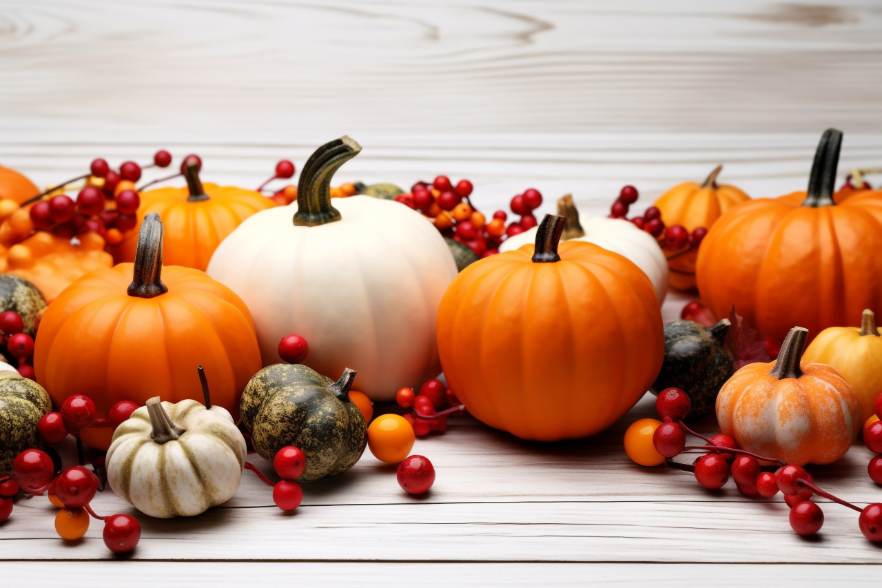A picture of orange and white pumpkins and berries lined up along the top edge of a light gray wooden surface