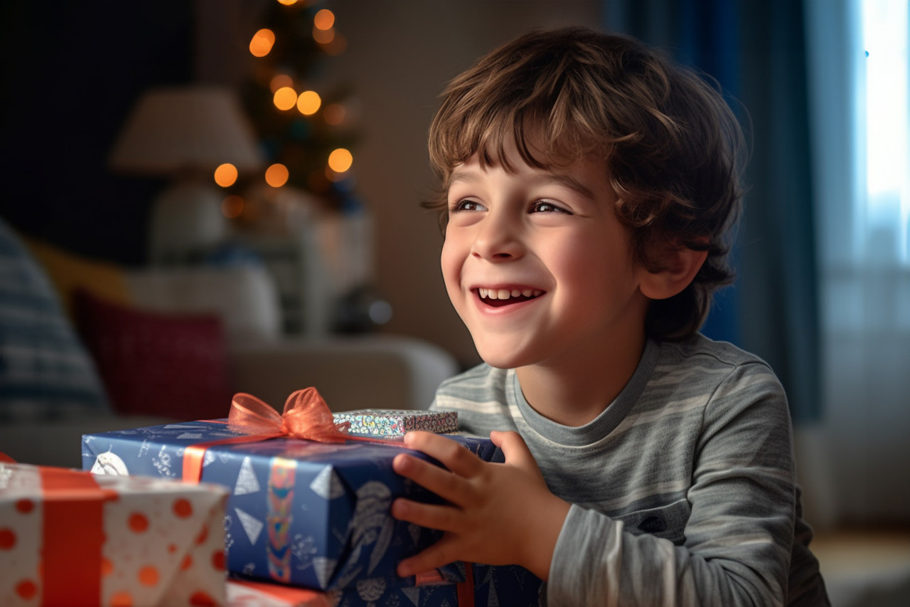 A picture of a young man receiving a birthday present from his young son and expressing gratitude for the surprise