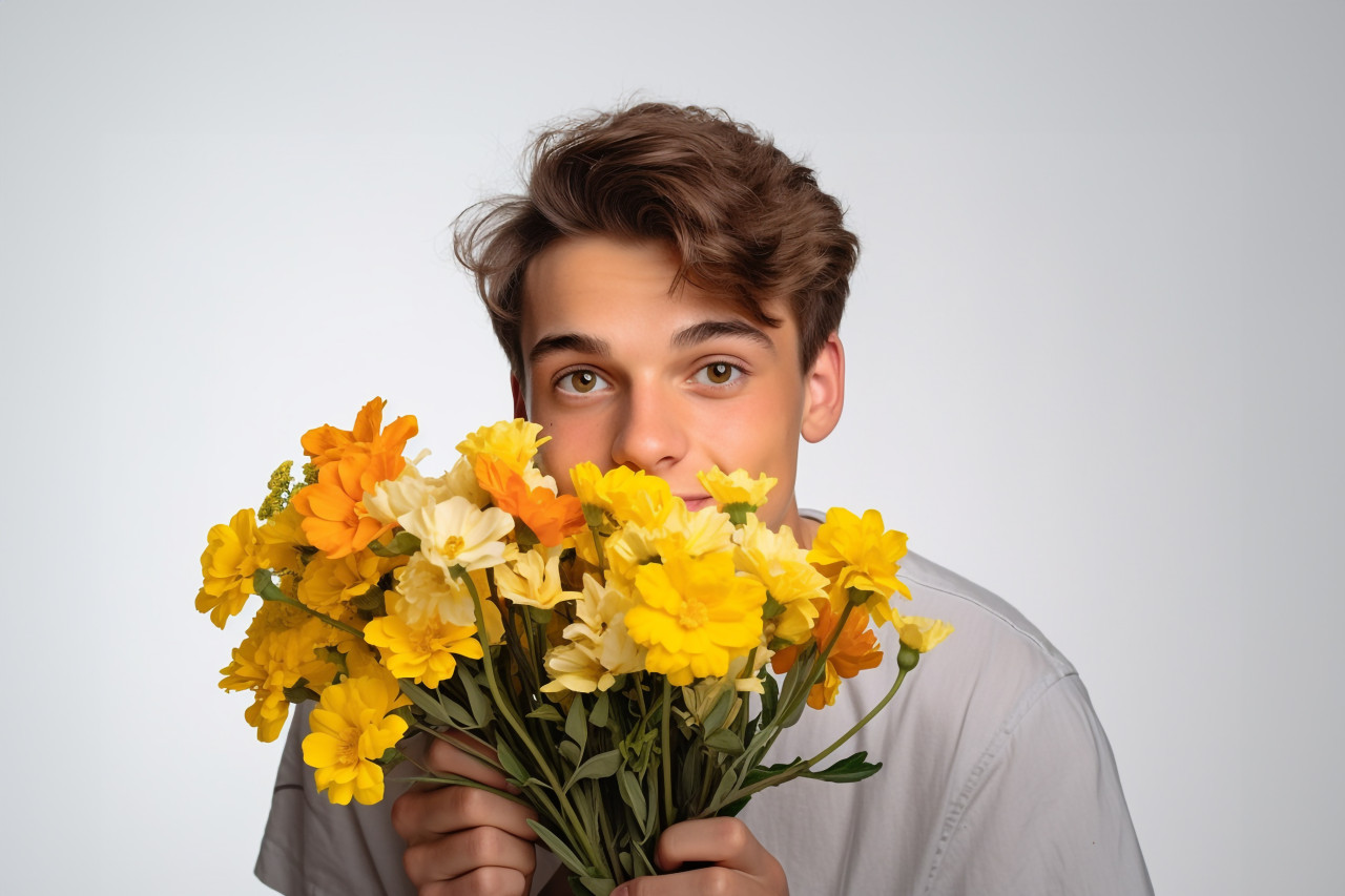 A photo of a cute young man giving flowers on a white background