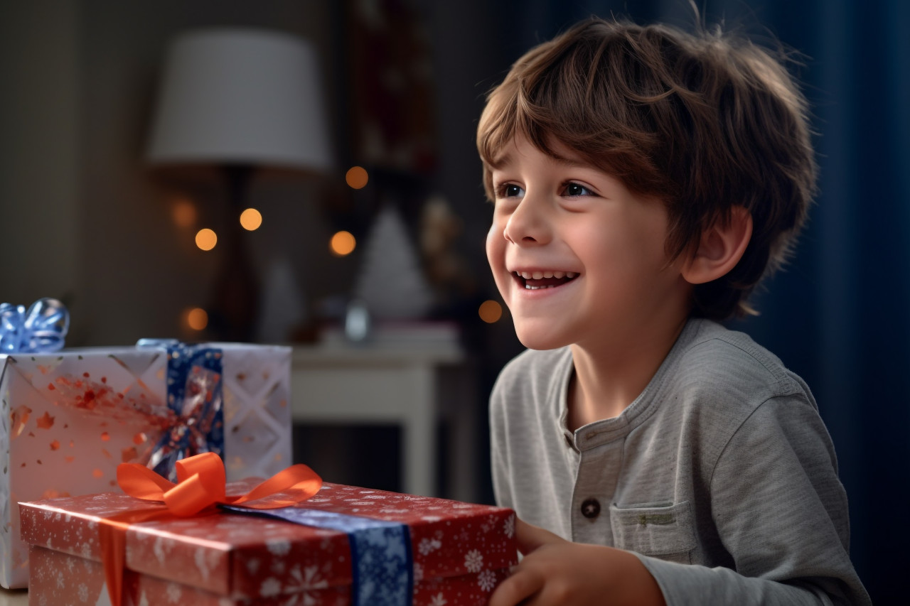 A picture of a young man receiving a birthday present from his young son and expressing gratitude for the surprise