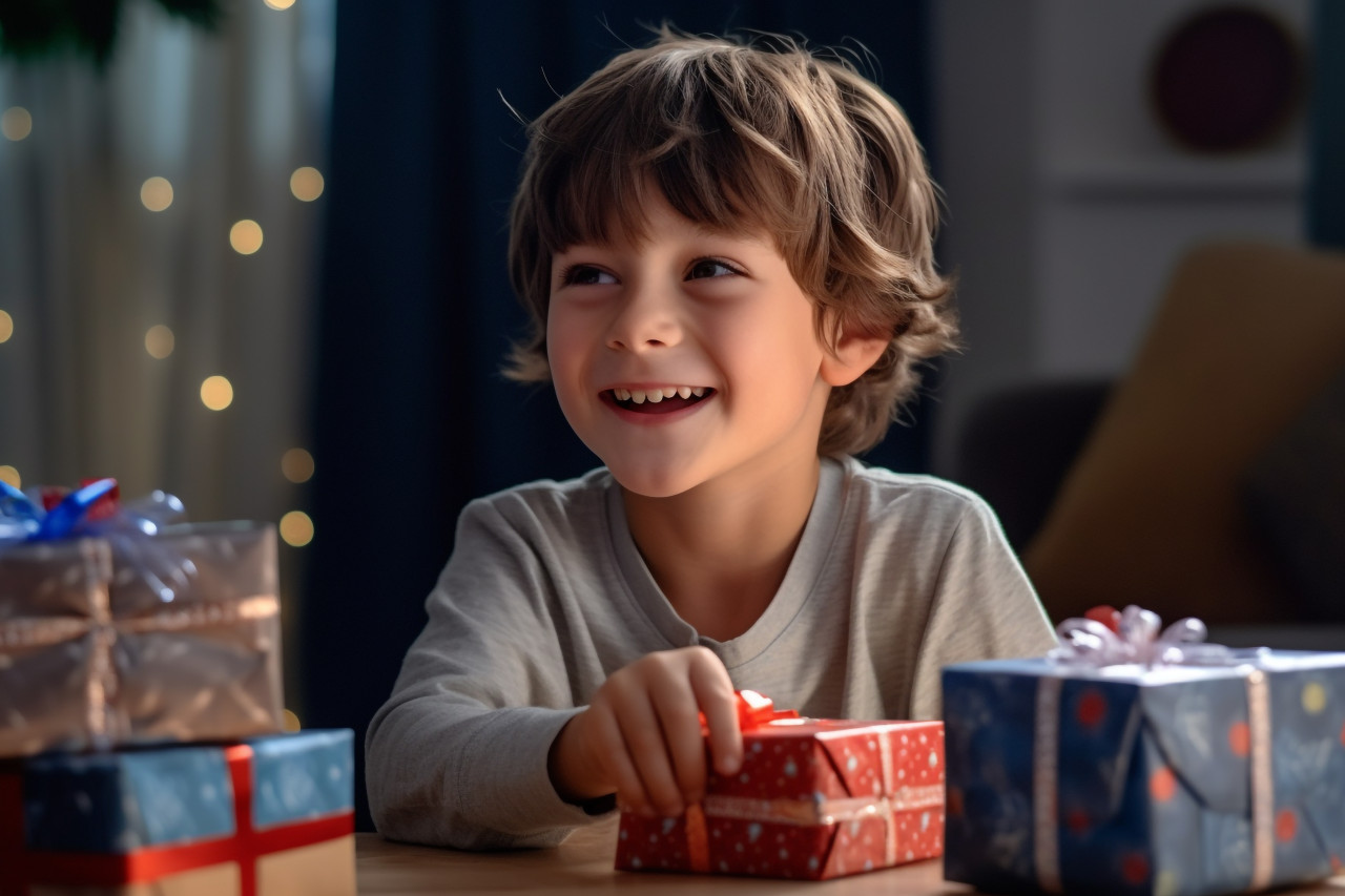 A picture of a young man receiving a birthday present from his young son and expressing gratitude for the surprise