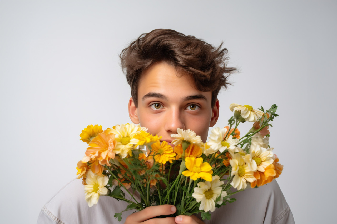 A photo of a cute young man giving flowers on a white background