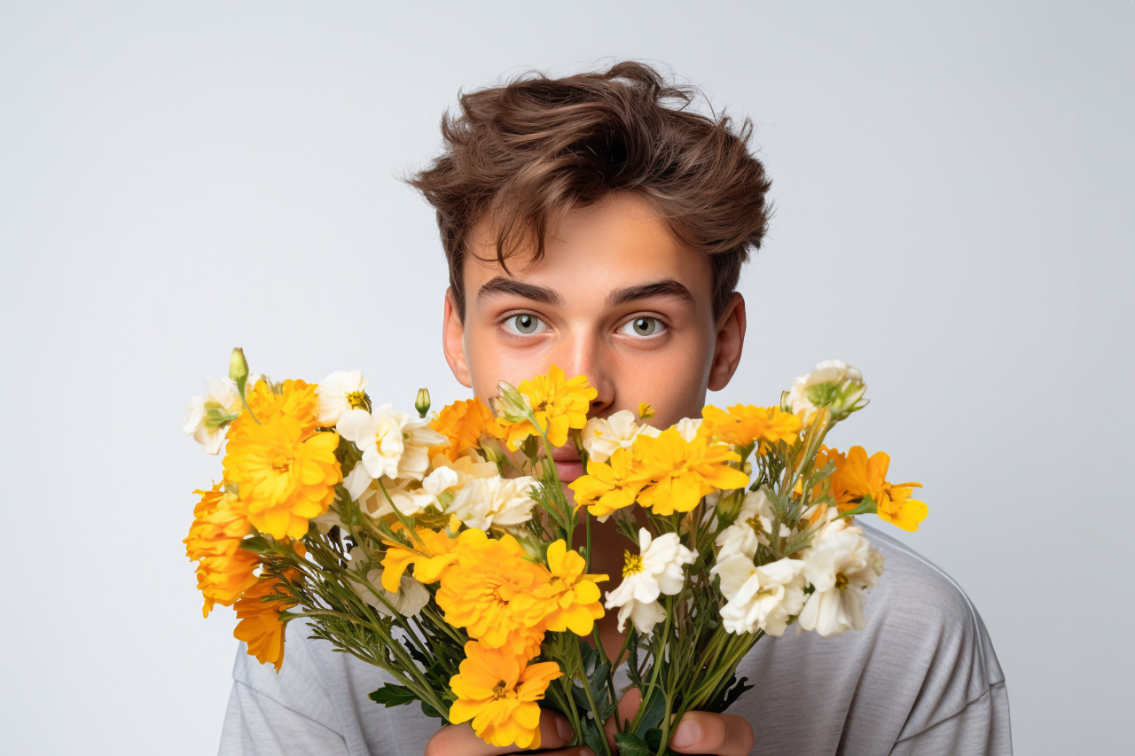 A photo of a cute young man giving flowers on a white background