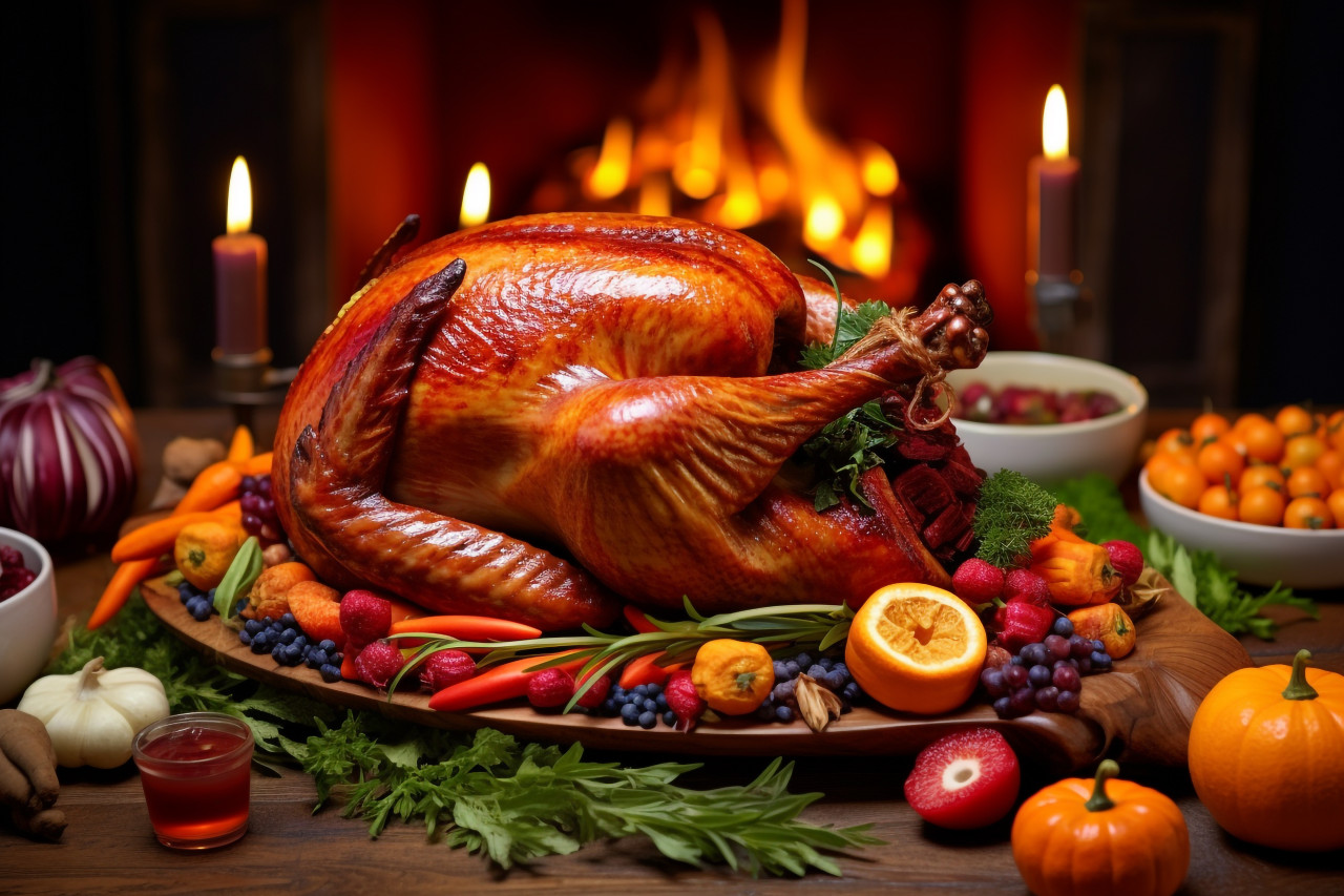 A picture of a cooked turkey with cranberries on a wooden table with pumpkins vegetables pie flowers and candles
