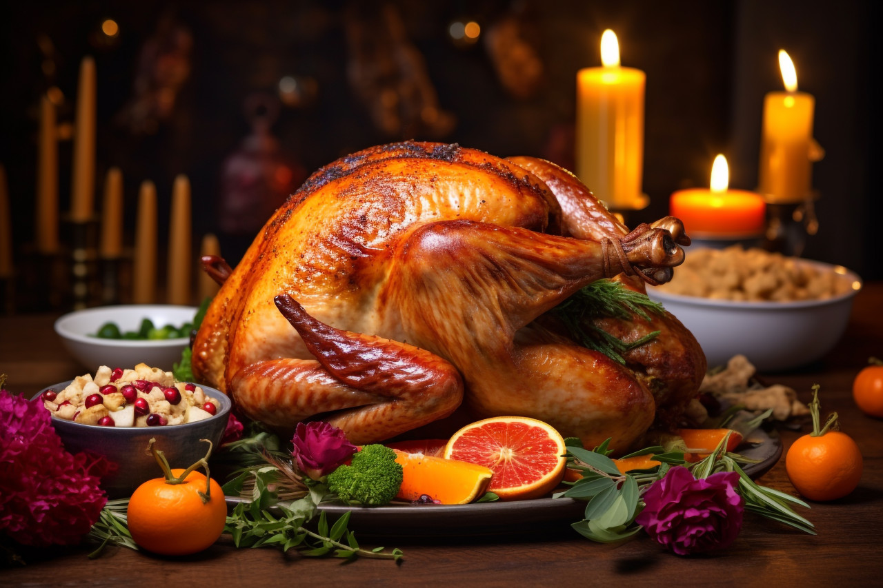 A picture of a cooked turkey with cranberries on a wooden table with pumpkins vegetables pie flowers and candles