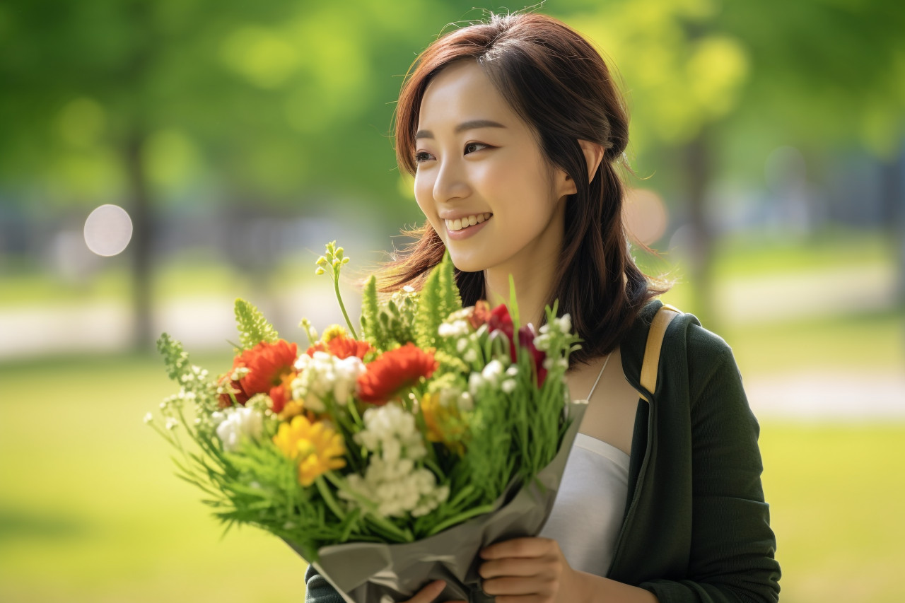 A picture of a happy japanese woman getting flowers in a beautiful green park