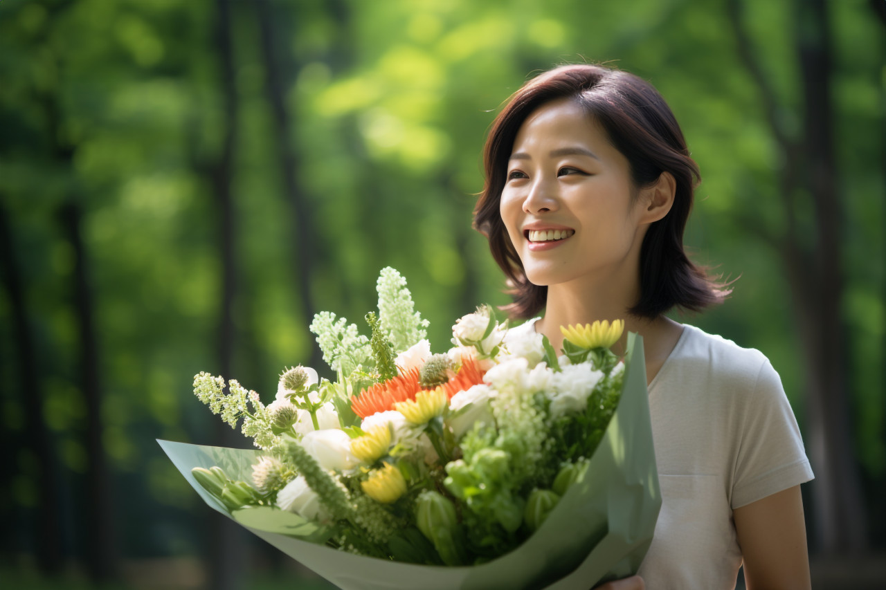 A picture of a happy japanese woman getting flowers in a beautiful green park