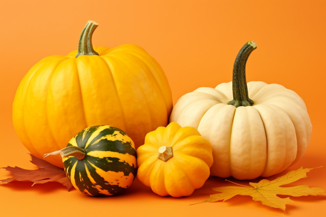 A picture of three fresh pattypan squash a pumpkin and a collection of autumn leaves on a yellow background