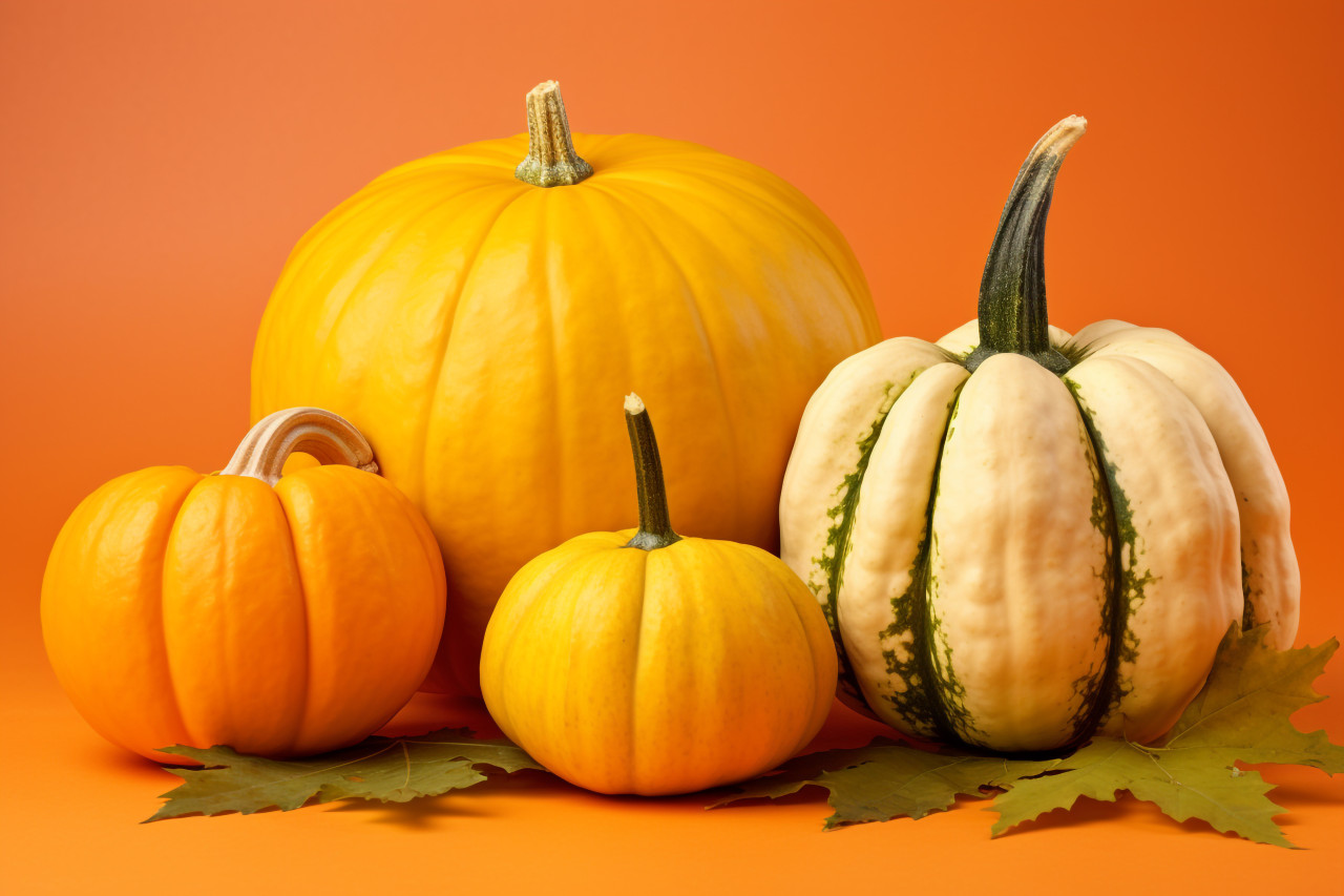 A picture of three fresh pattypan squash a pumpkin and a collection of autumn leaves on a yellow background