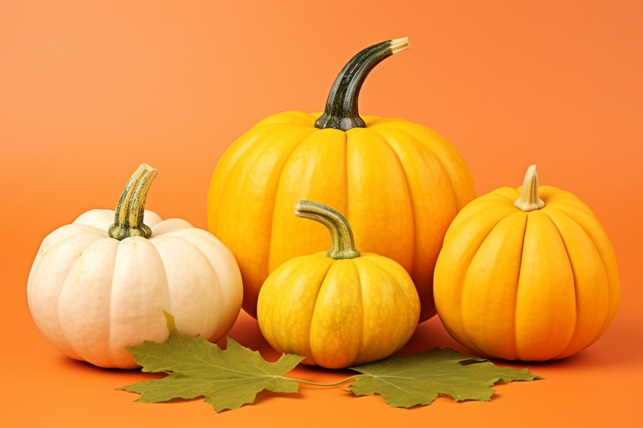 A picture of three fresh pattypan squash a pumpkin and a collection of autumn leaves on a yellow background