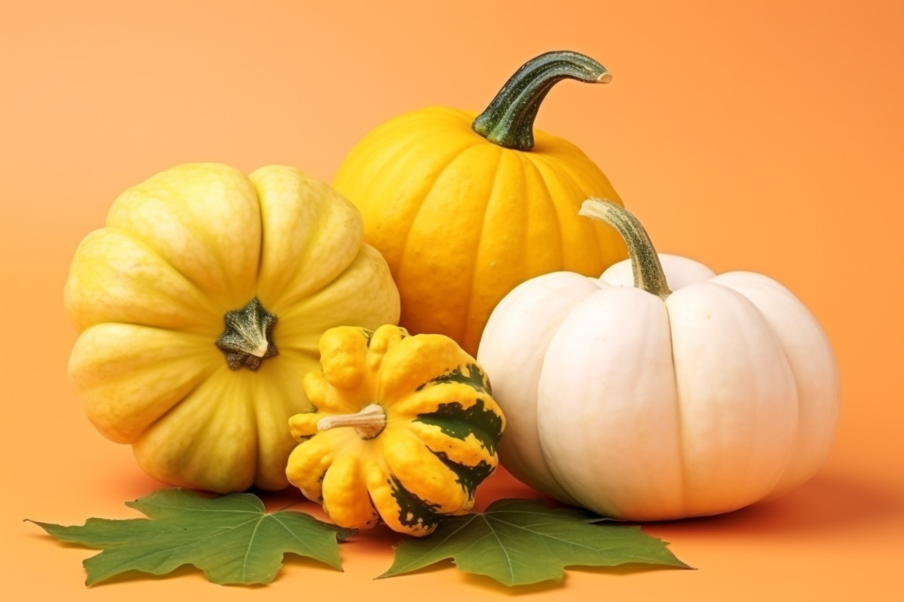 A picture of three fresh pattypan squash a pumpkin and a collection of autumn leaves on a yellow background