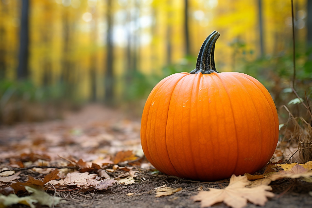 A picture of a small pumpkin in a forest with autumn leaves in the background