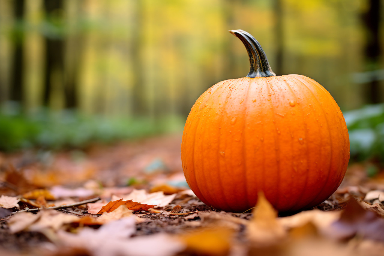 A picture of a small pumpkin in a forest with autumn leaves in the background