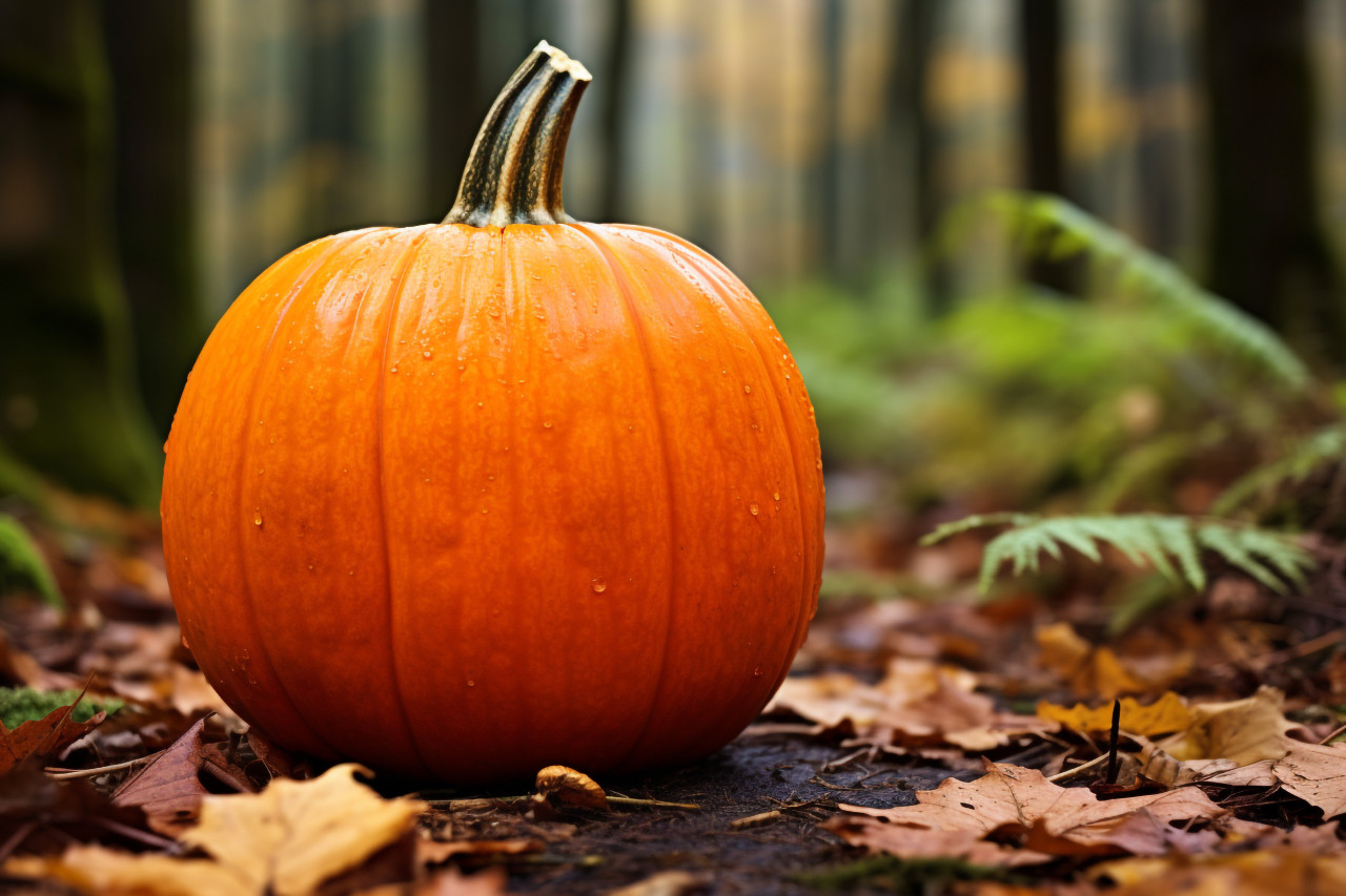 A picture of a small pumpkin in a forest with autumn leaves in the background