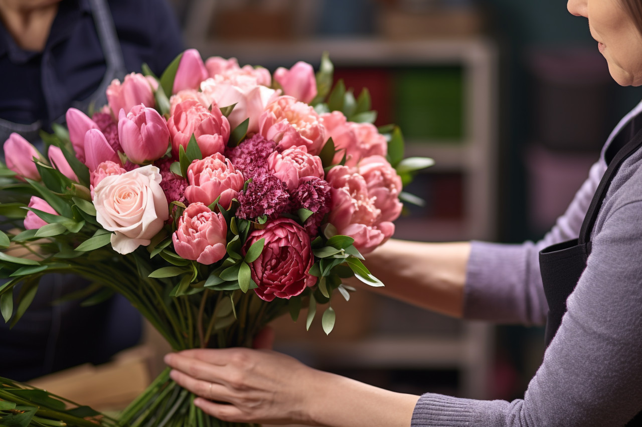 A woman florist hands a bouquet of flowers to a customer