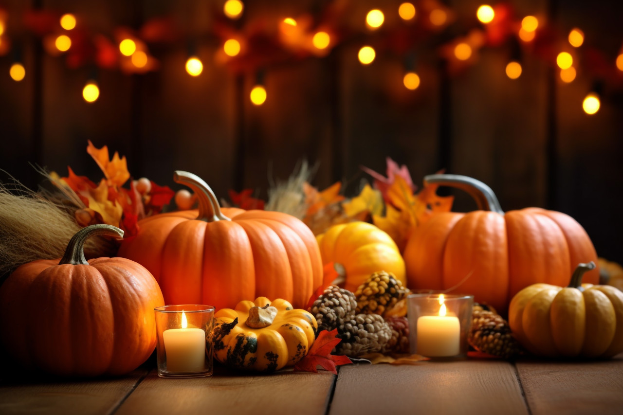 A picture of a thanksgiving table decorated with pumpkins corn candles and autumn leaves