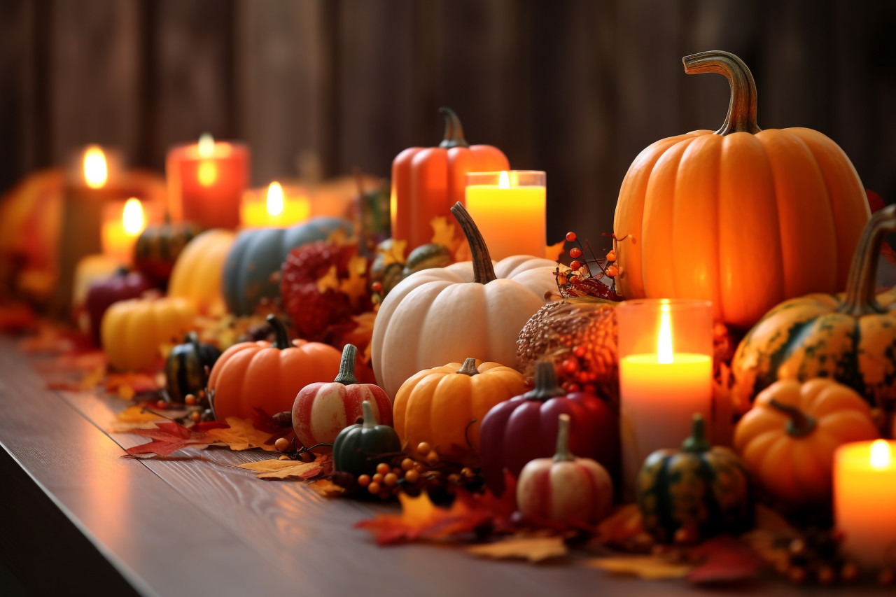 A picture of a thanksgiving table decorated with pumpkins corn candles and autumn leaves