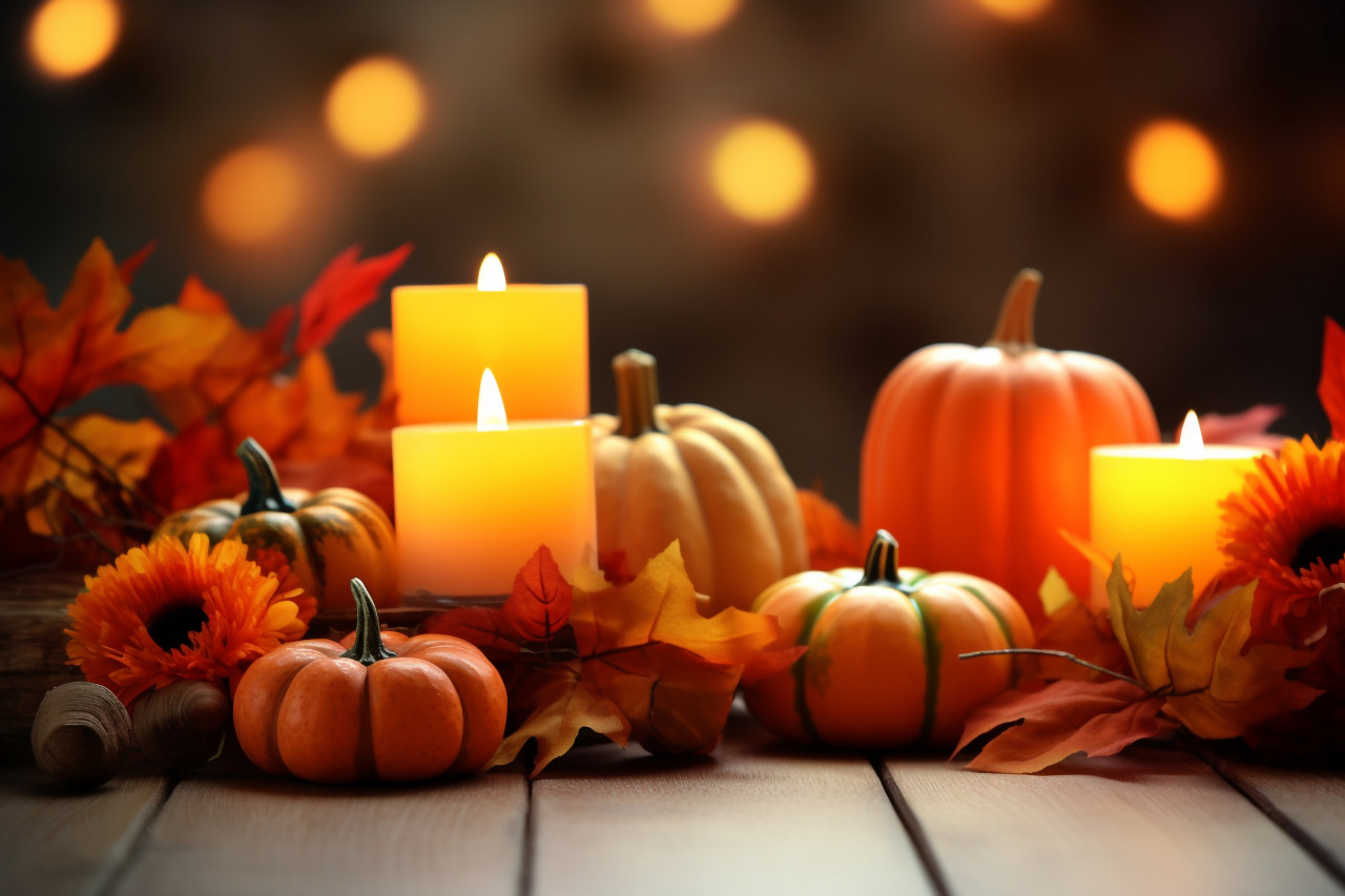 A picture of a thanksgiving table decorated with pumpkins corn candles and autumn leaves