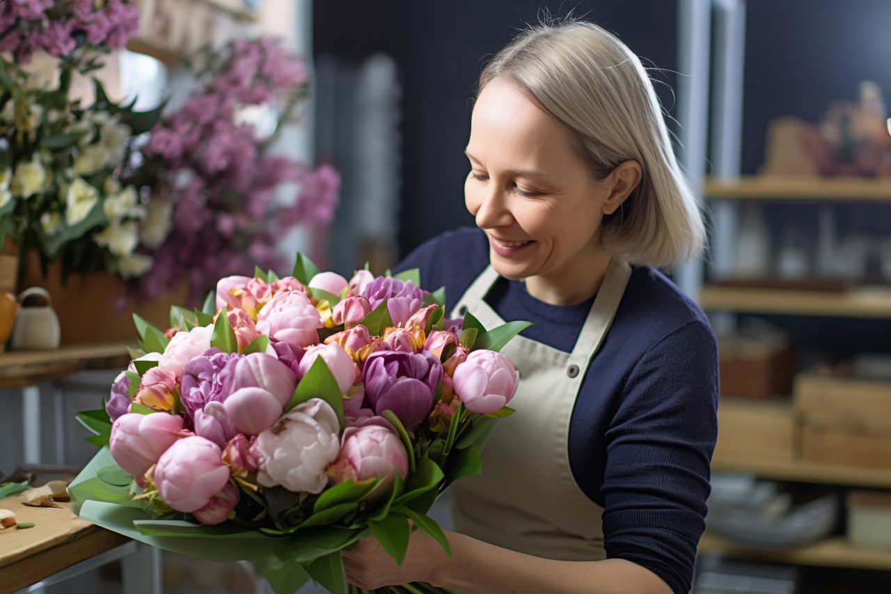 A woman florist hands a bouquet of flowers to a customer