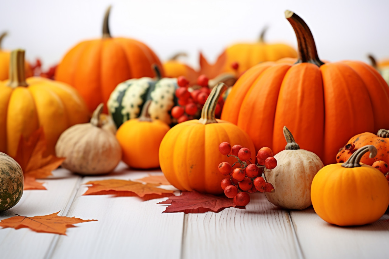 A picture of autumn decorations made with pumpkins berries and leaves on a white wooden table