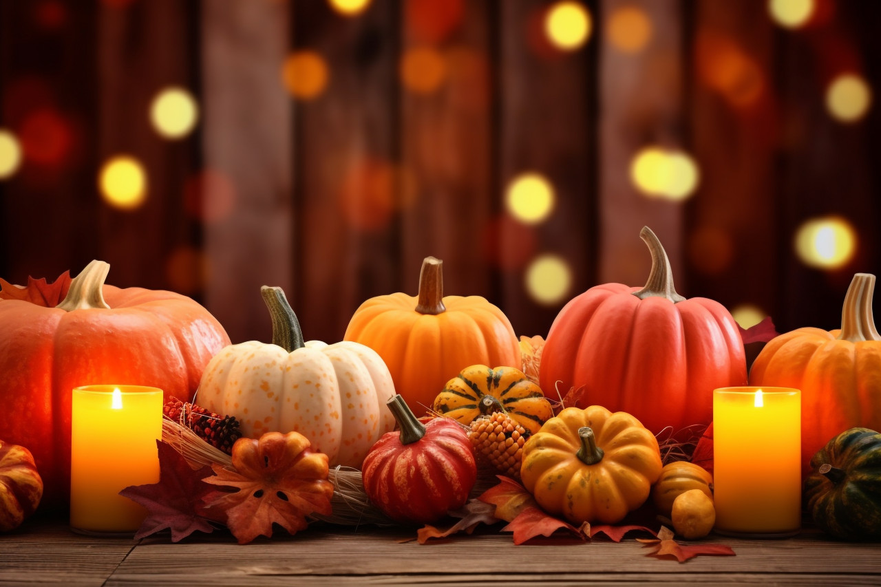 A picture of a thanksgiving table decorated with pumpkins corn candles and autumn leaves