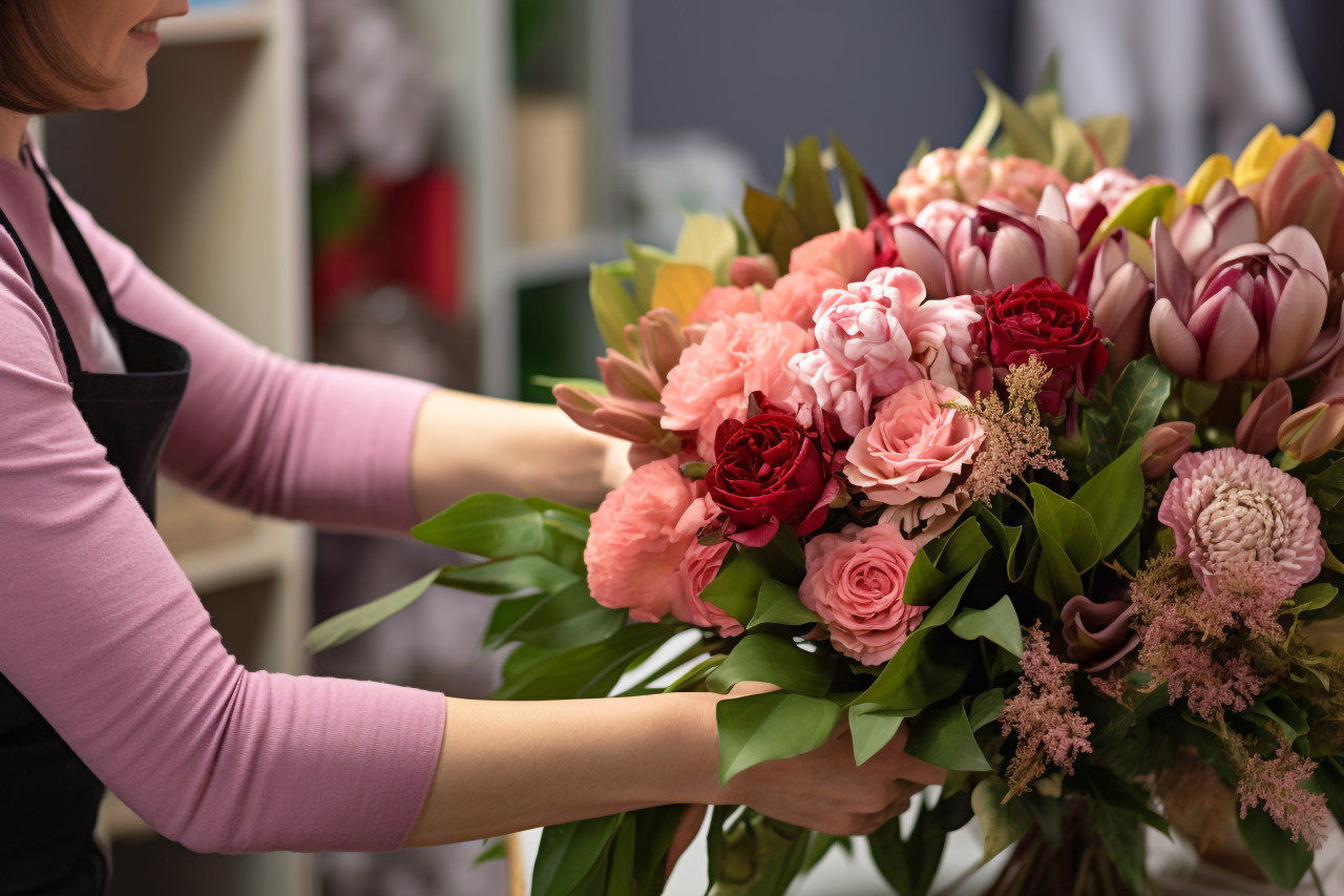 A woman florist hands a bouquet of flowers to a customer
