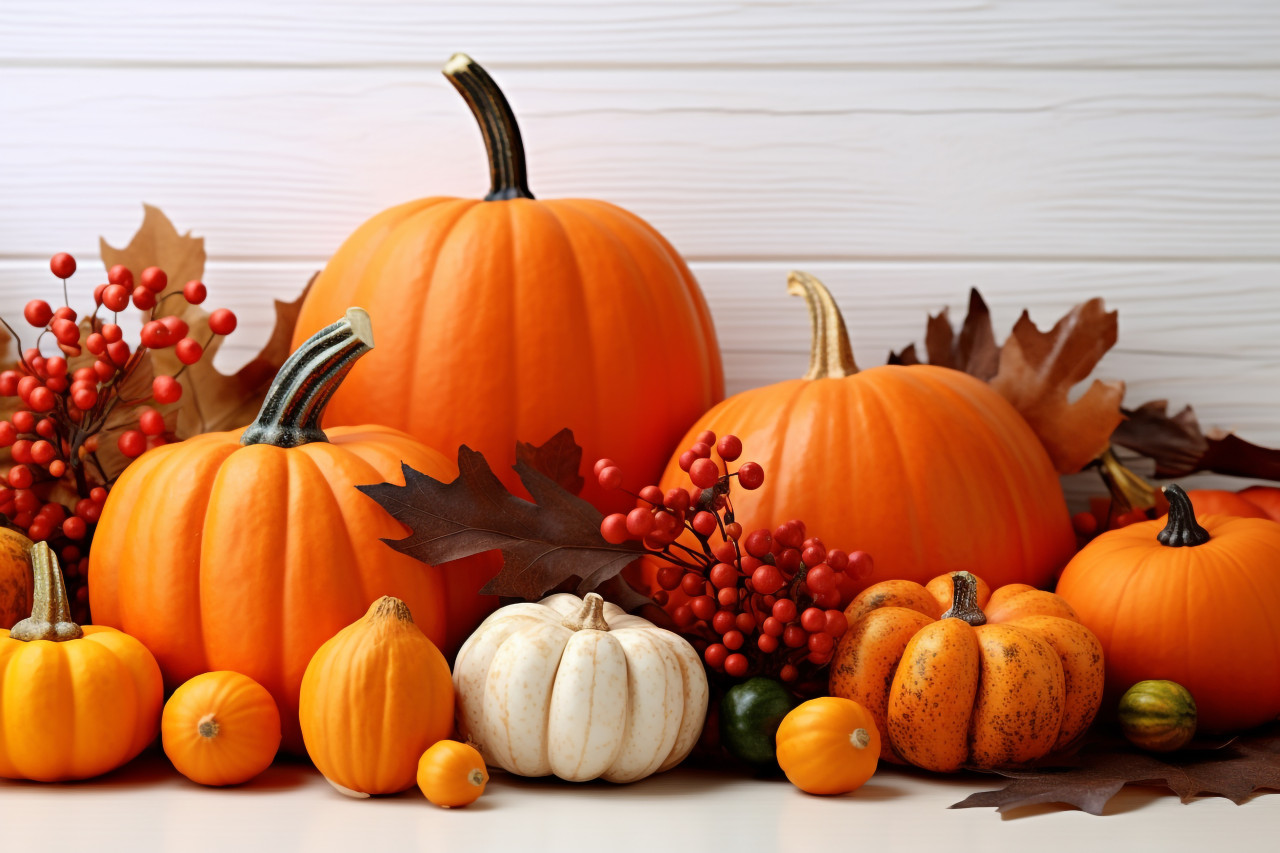 A picture of autumn decorations made with pumpkins berries and leaves on a white wooden table