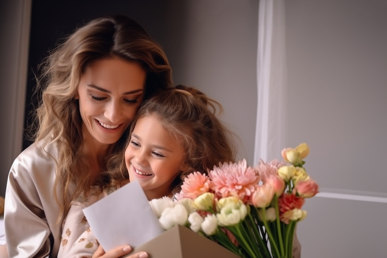 A photo of a happy young mother hugging her little daughter the mother is holding flowers and a postcard