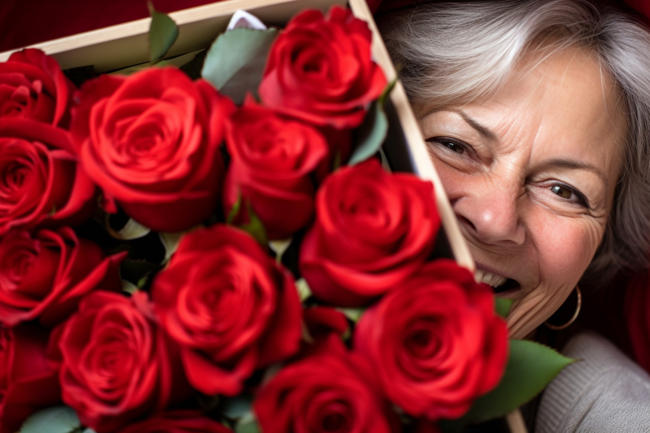 A photo of a happy at the camera while cuddling and hugging their mature mother