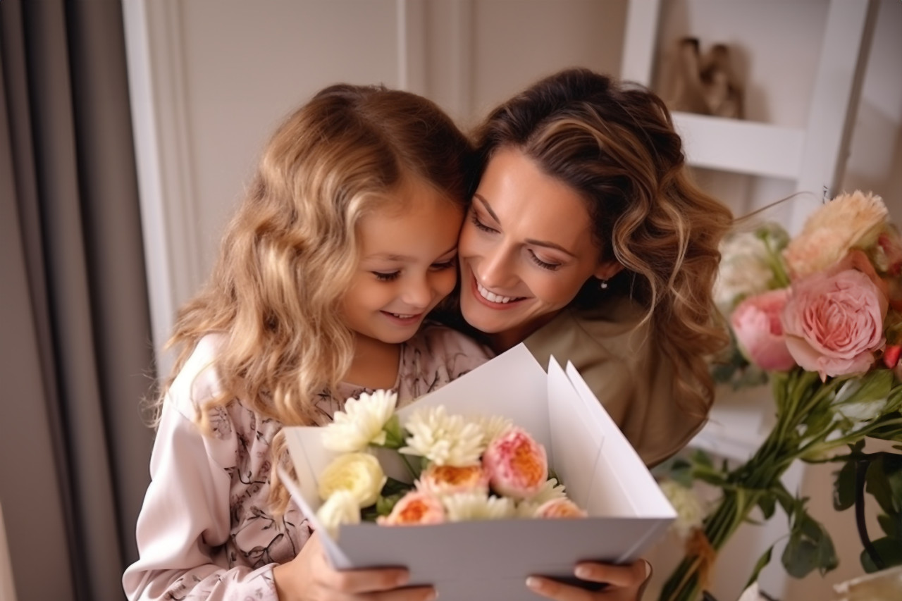 A photo of a happy young mother hugging her little daughter the mother is holding flowers and a postcard