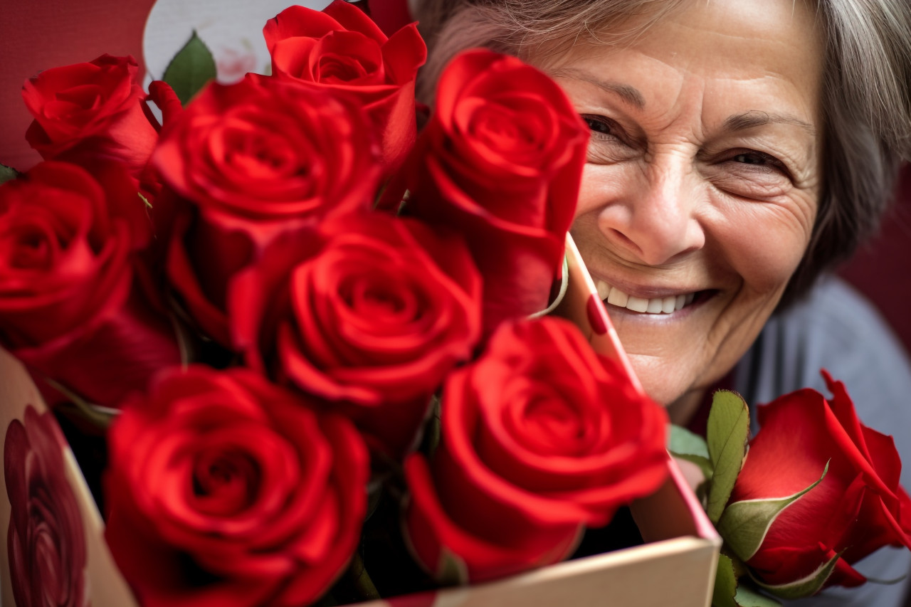 A photo of a happy at the camera while cuddling and hugging their mature mother