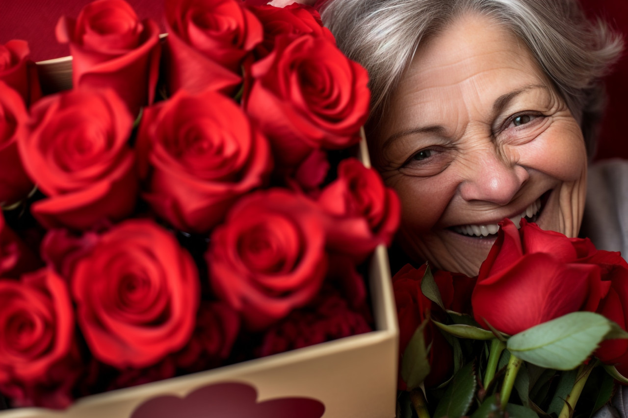 A photo of a happy at the camera while cuddling and hugging their mature mother