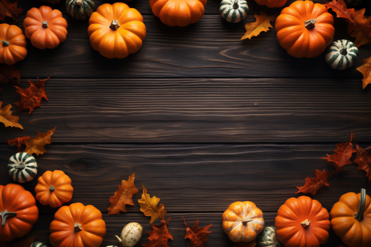 A picture of happy thanksgiving written in a fancy way with pumpkins and leaves on a dark brown table
