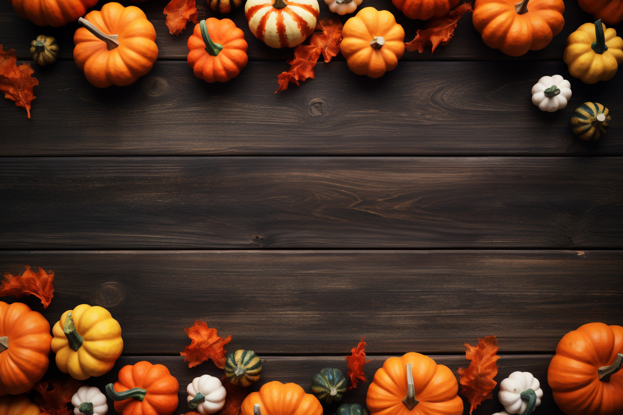 A picture of happy thanksgiving written in a fancy way with pumpkins and leaves on a dark brown table