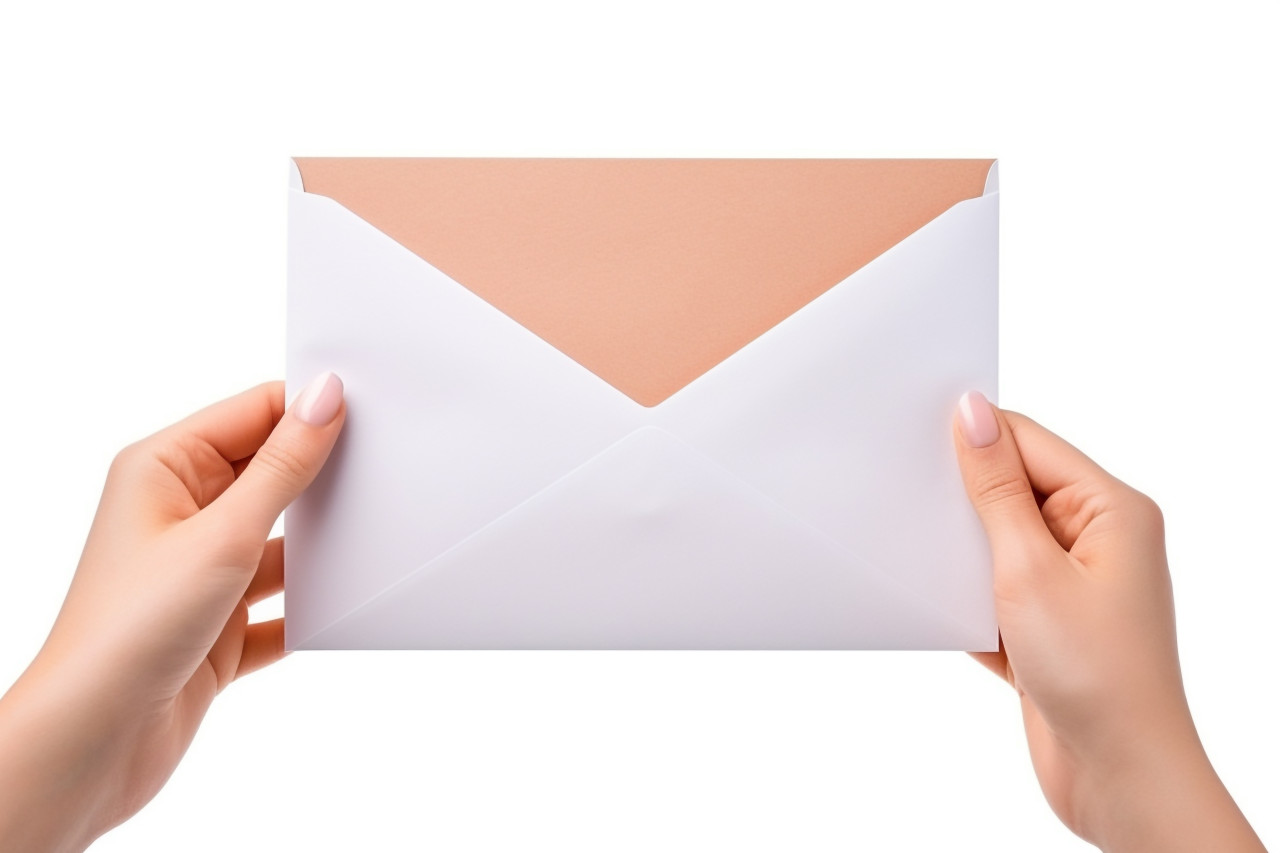 A photo of a pretty womans hand holding a letter and envelope taken in a studio on a white background