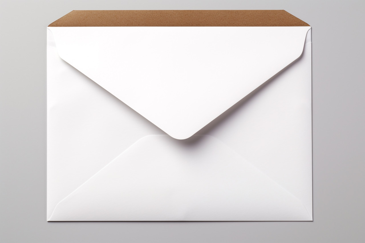 A photo of a letter and envelope taken in a studio on a white background