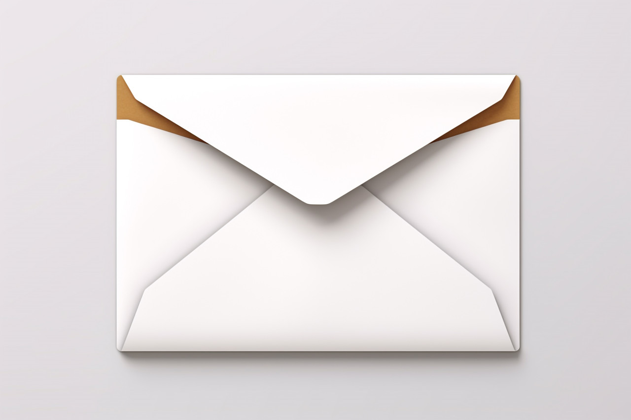 A photo of a letter and envelope taken in a studio on a white background