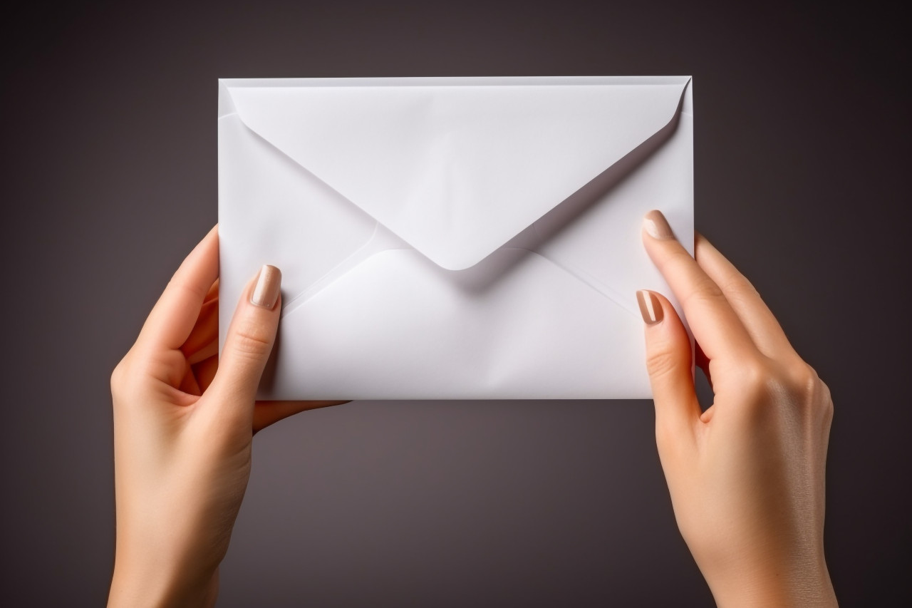 A photo of a pretty womans hand holding a letter and envelope taken in a studio on a white background