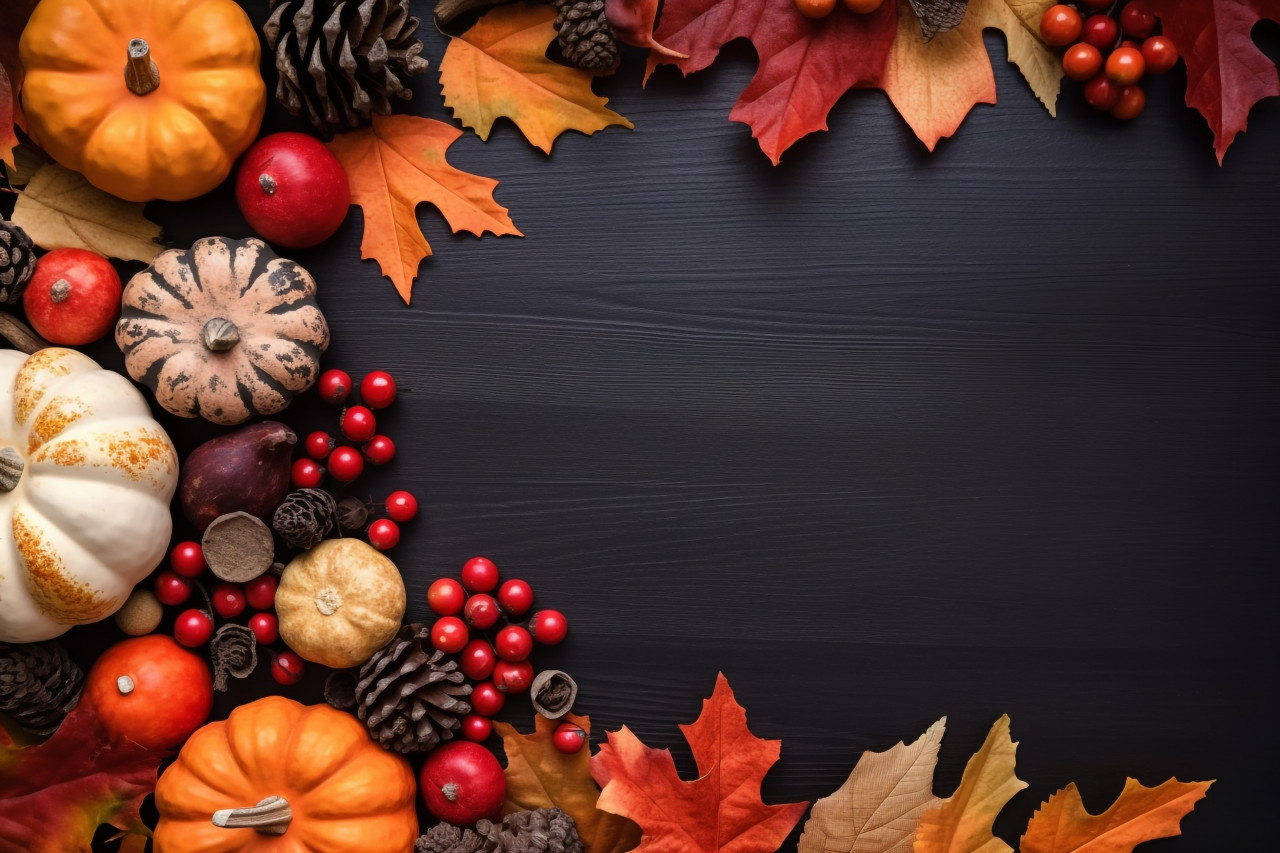 A photo of a thanksgiving decoration made with dry leaves red berries and a pumpkin on a blackboard background