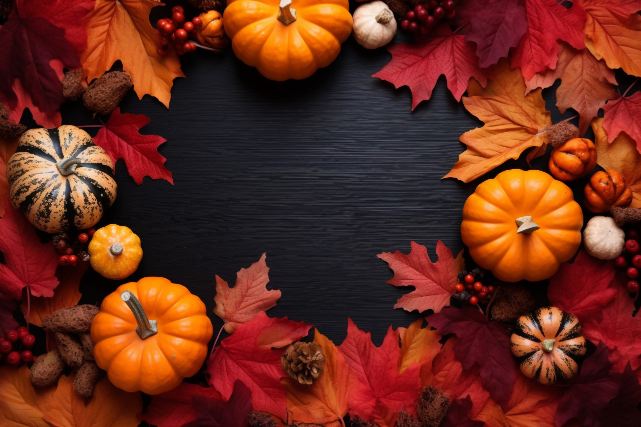 A photo of a thanksgiving decoration made with dry leaves red berries and a pumpkin on a blackboard background