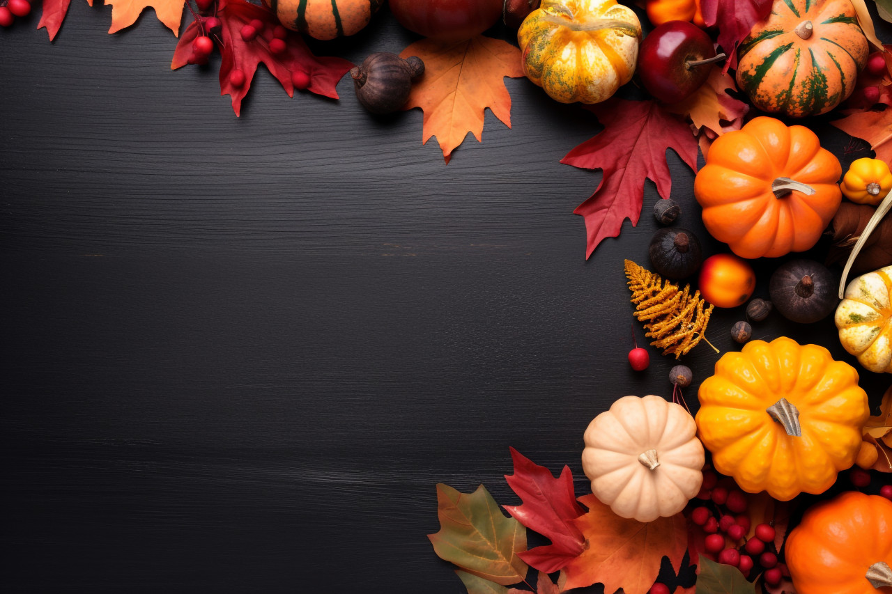 A photo of a thanksgiving decoration made with dry leaves red berries and a pumpkin on a blackboard background
