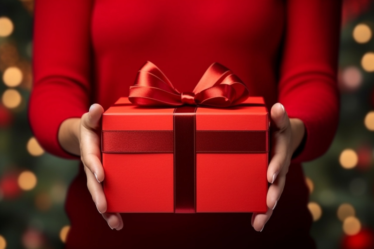 A picture of a womans hands holding red gift box with a ribbon for a holiday