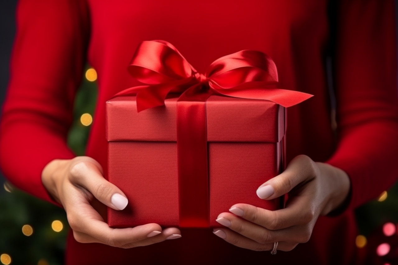 A picture of a womans hands holding red gift box with a ribbon for a holiday