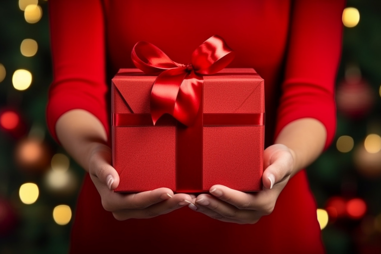 A picture of a womans hands holding red gift box with a ribbon for a holiday