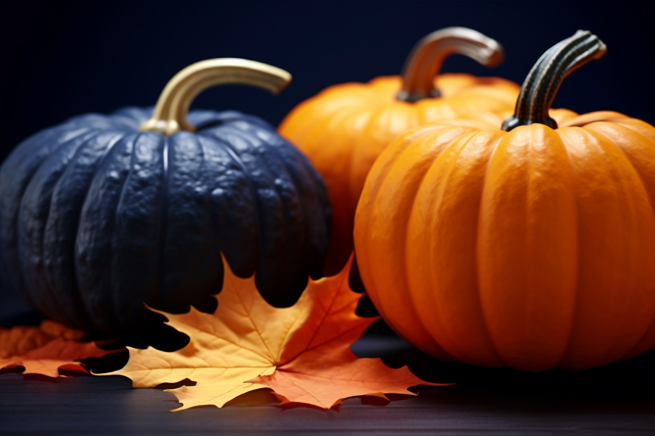 A picture of pumpkins and autumn maple leaves on a dark blue backdrop