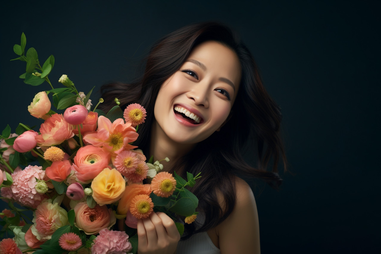 Picture of a happy asian woman with flowers