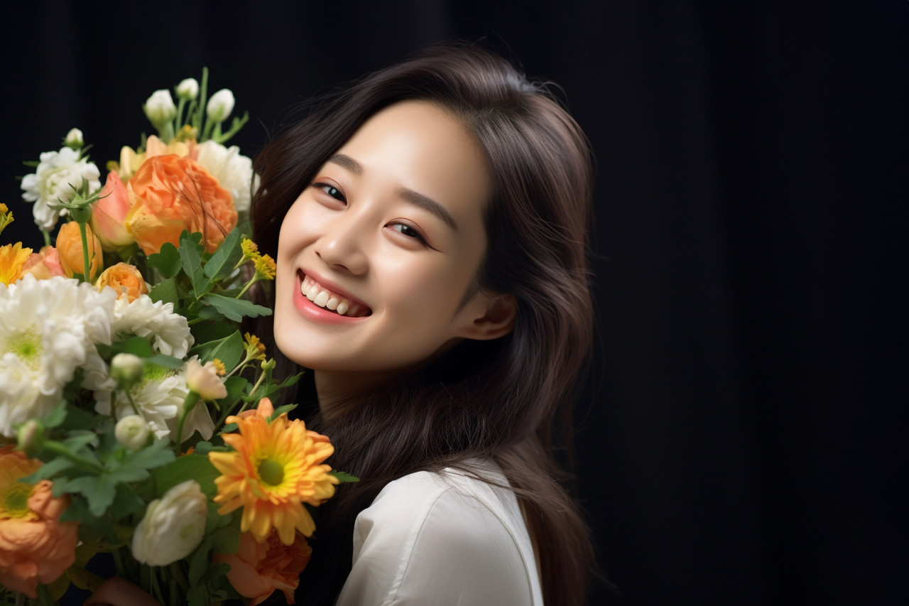 Picture of a happy asian woman with flowers